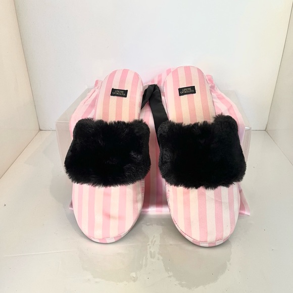 BUNDLE ME! Victoria Secret Satin Pink Striped Slippers with Black Faux Fur Trim - Picture 4 of 7